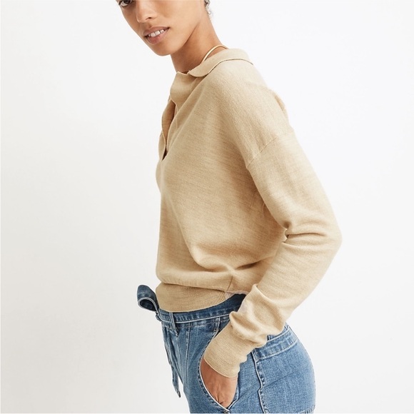 Madewell Merino Wool Polo Sweater Oatmeal Creamy Beige Size Large - Picture 5 of 12